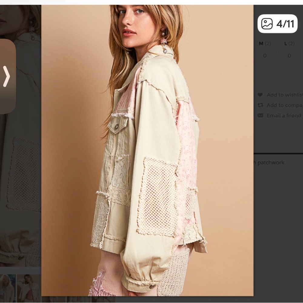 #184-0421 New POL Beige and Pink Jean Jacket with Crochet Accents - Picture 5 of 6